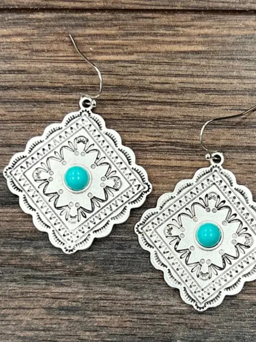 Turquoise Diamond Shaped Western Earrings Boho Southwestern Statement Dangles